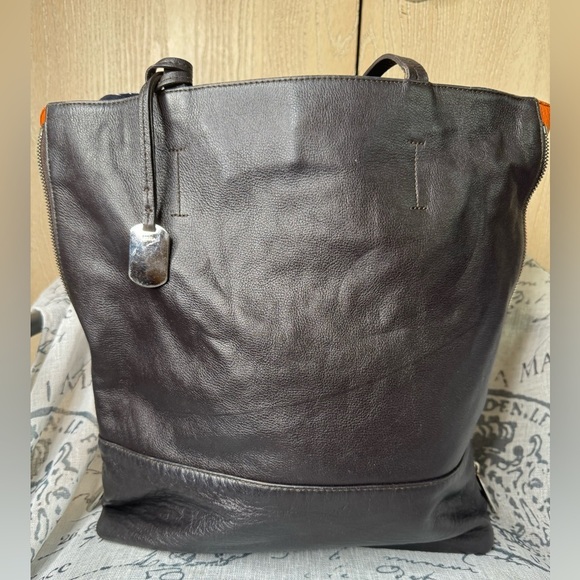 FURLA Shoulder Bag  Brown & Orange Leather  Side Zippers Large Tote Straps - Picture 2 of 15